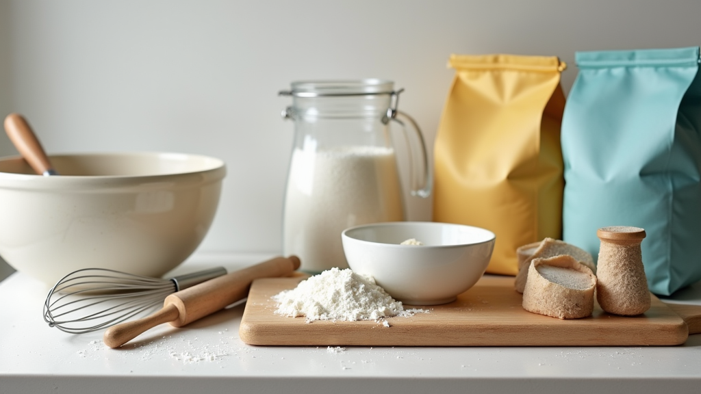 A cozy kitchen countertop with beginner baking tools and ingredients, including a mixing bowl, whisk, rolling pin, and measuring cups, arranged neatly next to bags of flour and sugar.